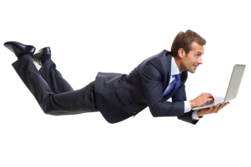 full body young man laying in the air 
floating while using laptop