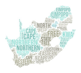 South Africa word cloud. Country shape with region division. South Africa typography style image. Region names tag clouds. Vector illustration.