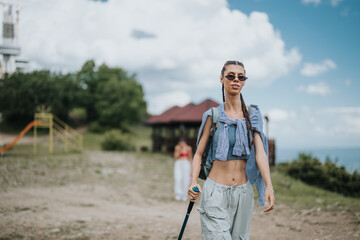 Young woman hiking outdoors on a sunny day, wearing casual clothes and carrying a walking stick. Beautiful landscape and clear sky in the background.