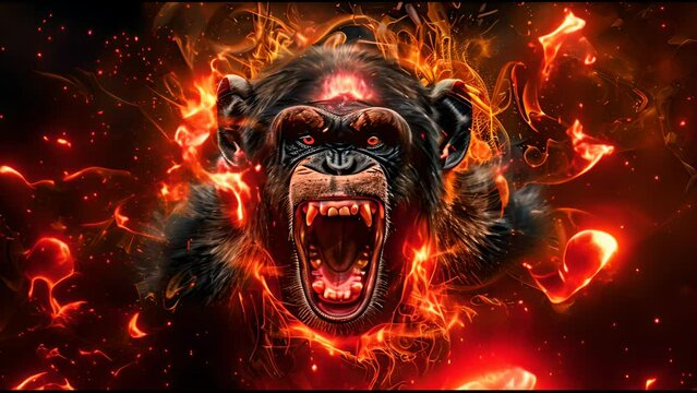 A close up of a monkey with a mouth wide open and flames coming out of its mouth