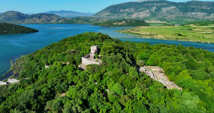 Aerial view of Butrinti national park and the ancient ruins in Sarande, southern Albania. 