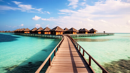Fototapeta premium A beach with a wooden walkway leading to a row of small houses.