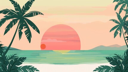 Obraz premium Vibrant summer clipart featuring a shining sun, serene ocean, and lush palm trees