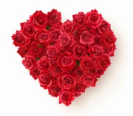 A heart shaped made of red roses on a white background