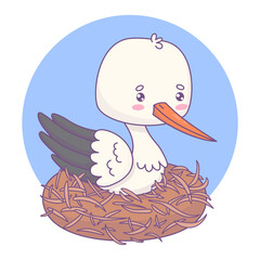 Cute white stork in nest. Funny cartoon kawaii bird character. Vector illustration. Kids collection