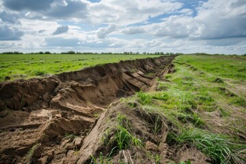 Soil Erosion. Damage to Agricultural Field Plants in Natural Landscape