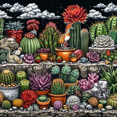 Fototapeta premium Beautifully Detailed Cactus Garden with Blooming Succulents in Pots and Artistic Decor Under a Starry Night Sky with Dramatic Clouds