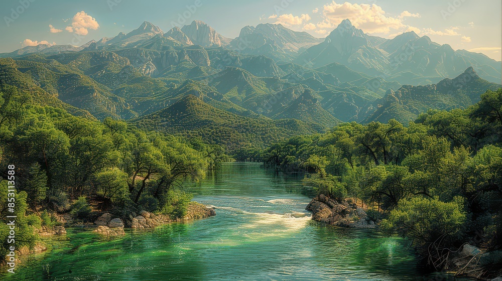 Wall mural majestic mountain landscape with lush green forests and serene river under clear skies on a sunny da