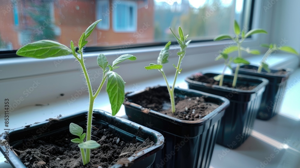 Wall mural growing plants in soil seedlings developed from seeds indoors in containers on the windowsill in ant