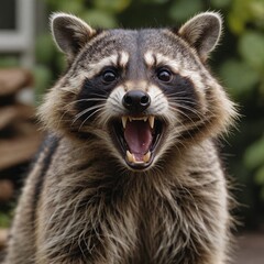 Fototapeta premium Fierce Encounter Closeup of Growling Raccoon in Suburban Garden