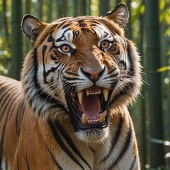 Fototapeta premium Intense Tiger Portrait Fierce wildlife in orange and black amidst lush bamboo forest
