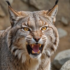 Obraz premium Fierce Lynx Portrait Intense Yellow Eyes and Sharp Teeth on Rocky Background