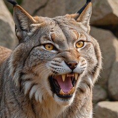 Obraz premium Fierce Lynx Portrait Intense Yellow Eyes and Sharp Teeth on Rocky Background
