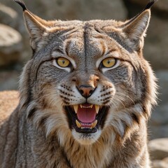 Obraz premium Fierce Lynx Portrait Intense Yellow Eyes and Sharp Teeth on Rocky Background