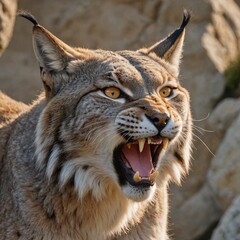 Obraz premium Fierce Lynx Portrait Intense Yellow Eyes and Sharp Teeth on Rocky Background