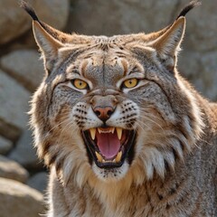 Obraz premium Fierce Lynx Portrait Intense Yellow Eyes and Sharp Teeth on Rocky Background