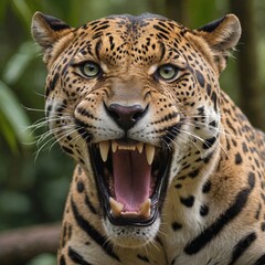 Obraz premium Jungle Fury Closeup of Roaring Jaguar in Emerald Green Wilderness