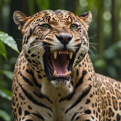 Obraz premium Jungle Fury Closeup of Roaring Jaguar in Emerald Green Wilderness