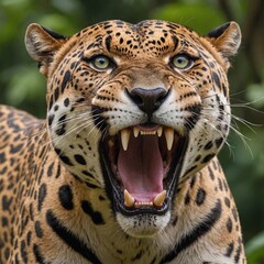 Obraz premium Jungle Fury Closeup of Roaring Jaguar in Emerald Green Wilderness