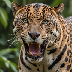 Obraz premium Jungle Fury Closeup of Roaring Jaguar in Emerald Green Wilderness