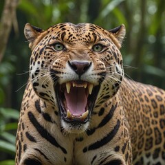 Obraz premium Jungle Fury Closeup of Roaring Jaguar in Emerald Green Wilderness
