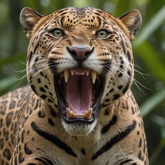 Obraz premium Jungle Fury Closeup of Roaring Jaguar in Emerald Green Wilderness