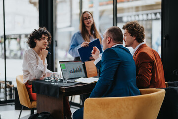Diverse team engaged in a business meeting, analyzing charts on a laptop in a modern coffee bar...