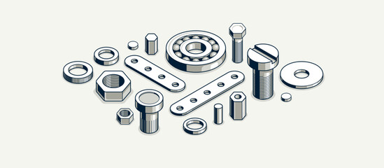 Bolts and nuts vector 3D isometric set, repair and maintenance service concept.