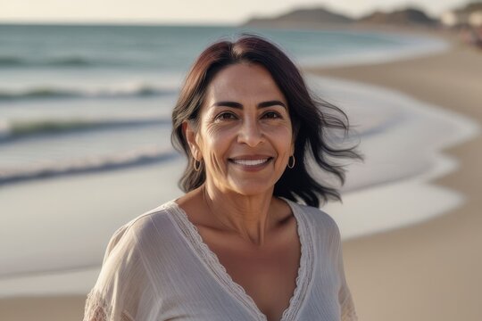 Happy elderly brunette woman with ash-colored hair on the seashore on a summer day. Portrait of a 55 year old woman.