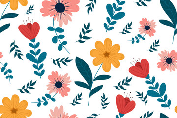 Cute botanical pattern with flowers on white isolated background. Seamless vibrant wildflowers in flat cartoon style. For floral decor, prints, wallpaper.