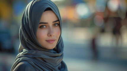 portrait of attractive muslim sporty woman with hijab outdoors