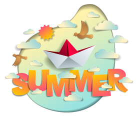 Obraz premium Summer papercut word with origami folded toy ship birds sun and clouds vector modern style cartoon paper cut 3d illustration. Summertime vacations and holidays theme.