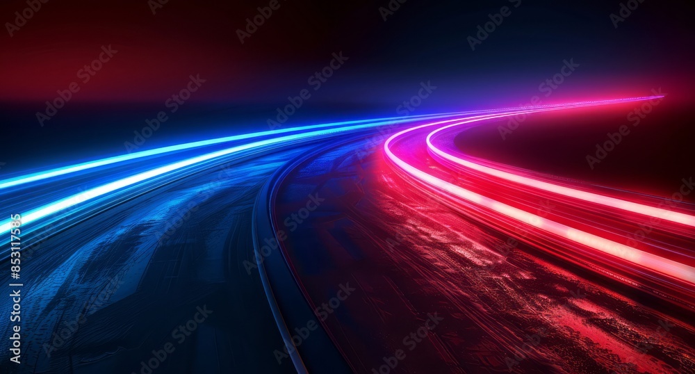 Wall mural a long light trail in the shape of three lines, glowing neon lights against a dark background with a