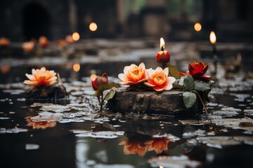 flowers and candles in a pond with water lilies