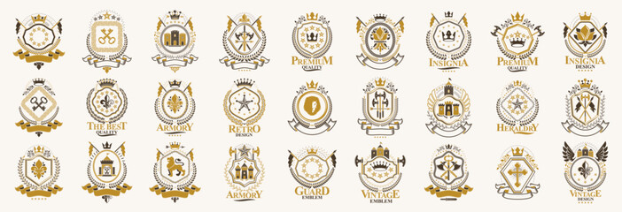 Classic style emblems big set, ancient heraldic symbols awards and labels collection, classical heraldry design elements, family or business emblems. © Sylverarts