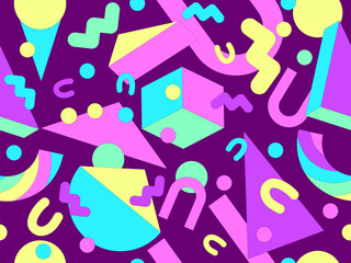 Geometric seamless pattern with memphis elements in 80s style. Colorful geometric pattern. Design of promotional products, wrapping paper and printing. Vector illustration