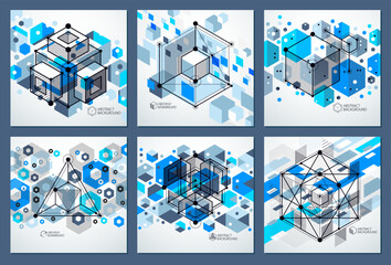 Abstract geometric vector blue backgrounds set with cubes and other elements. Composition of cubes, hexagons, squares, rectangles and abstract elements. Perfect background for your design projects.