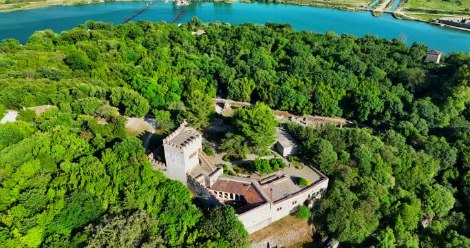 Aerial view of Butrinti national park and the ancient ruins in Sarande, southern Albania. 