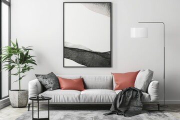 Modern scandinavian living room interior with high quality mockup poster frame for elegant decor