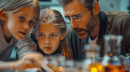 Scientist teaching kids in a science lab, demonstrating experiments with beakers. Curious children engaging in educational activities.