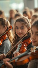 Young girl playing violin with focus and joy in a school orchestra setting, surrounded by fellow students. Warm and engaging atmosphere.