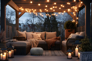Fototapeta premium Scenic set up with cozy outdoor seating, cushions, warm covers, and flickering lights on the terrace.&nbsp;