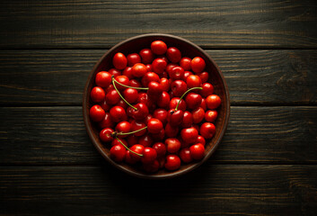 Fresh ripe sweet cherries on a black table. Healthy eating or diet concept