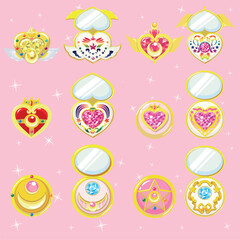 set de ilustración vectorial de lindos broches y espejos de maquillaje compacto