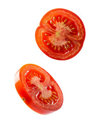 Two perfectly sliced tomato halves, isolated on a white background.  A classic symbol of freshness and summer, Cut-out