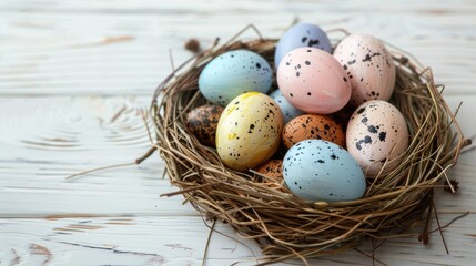 Fototapeta premium Handmade painted Easter eggs and quail eggs in a nest on a white painted wooden background
