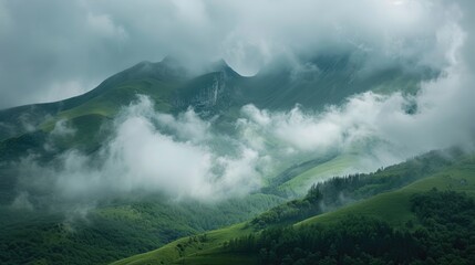 Moving clouds over green mountains captured in time lapse