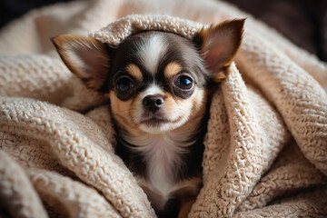 Chihuahua with a brown nose is wrapped in a blanket.