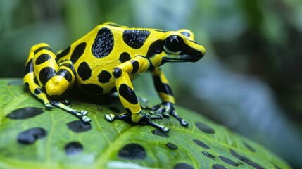  A yellow and black frog sits atop a green leaf, adorned with black spots Its back legs and legs bear this pattern as well