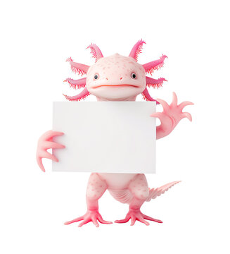 personnage d'Axolotl debout sur ses pattes arri&egrave;re et qui tient un panneau blanc vierge - isol&eacute; sur fond transparent